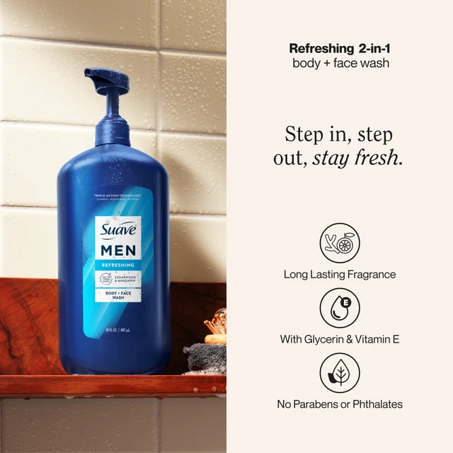 Alt view image 6 of 6 - Suave Men Refreshing 2-in-1 Body & Face Wash with Glycerin & Vitamin E 30FL OZ