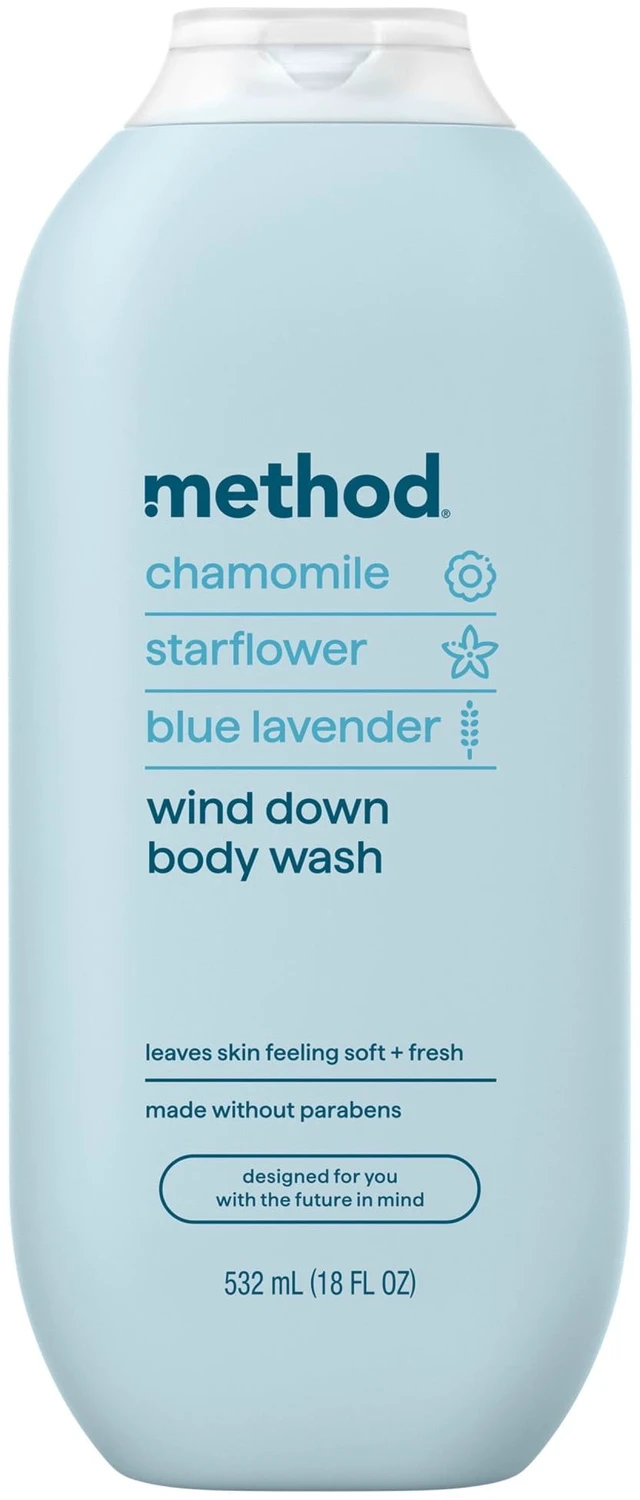 Main image of Method Body Wash Wind Down, 18 fl oz, Made Without Parabens, Notes of Chamomile, Starflower & Blue Lavender, Leaves Skin Soft and Moisturized