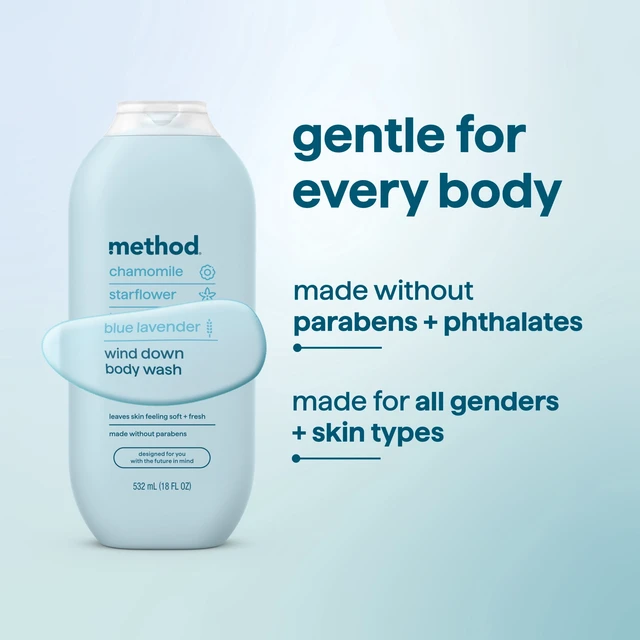 Alt view image 5 of 6 - Method Body Wash Wind Down, 18 fl oz, Made Without Parabens, Notes of Chamomile, Starflower & Blue Lavender, Leaves Skin Soft and Moisturized
