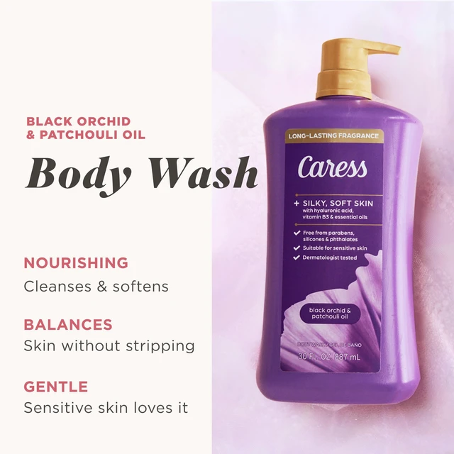 Alt view image 5 of 5 - Caress Black Orchid & Patchouli Oil Moisturizing Body Wash with Hyaluronic Acid & Vitamin B3, 30 fl oz