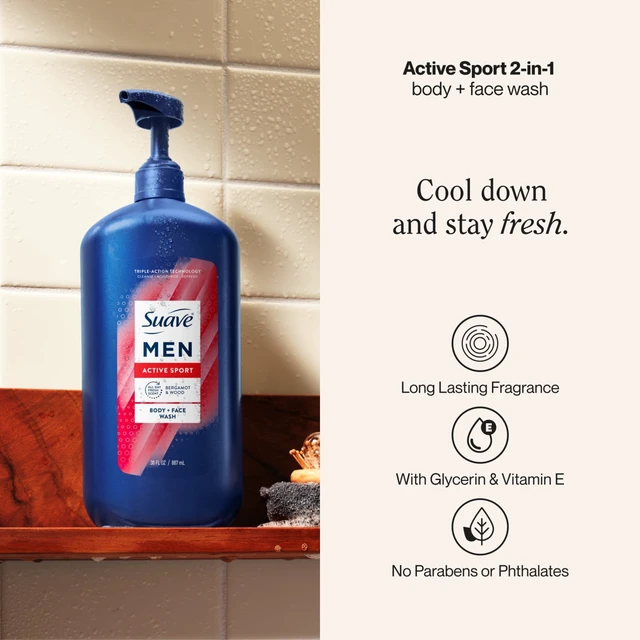Alt view image 5 of 6 - Suave Men Active Sport 2-in-1 Body & Face Wash with Glycerin & Vitamin E, 30 fl oz
