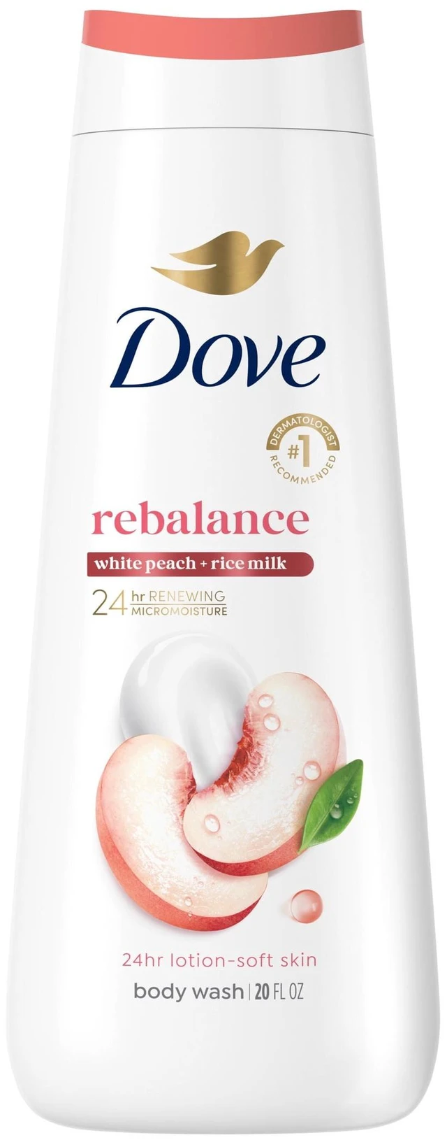 Main image of Dove Body Wash Rebalance White Peach & Rice Milk, 24hr Lotion-Soft Skin, No Sulfates No Parabens, 20 fl oz