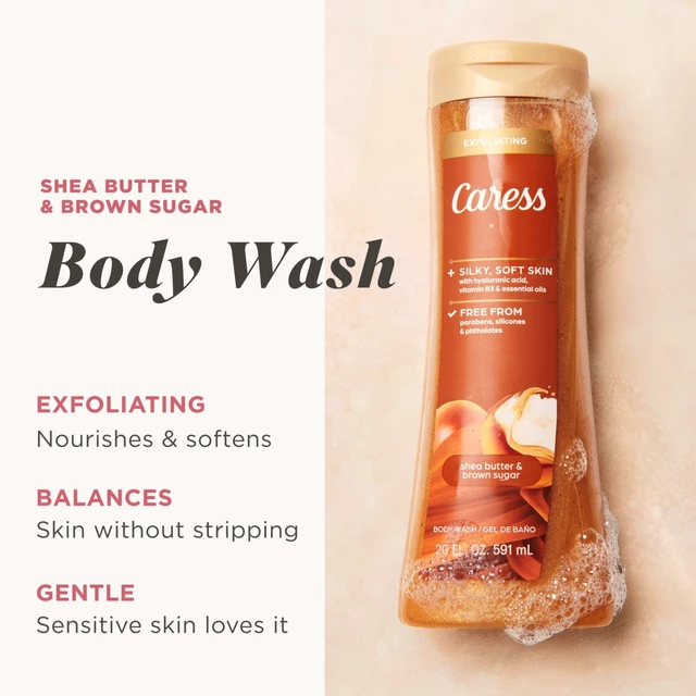 Alt view image 2 of 6 - Caress Shea Butter & Brown Sugar Body Wash, Exfoliating & Moisturizing, Hyaluronic Acid, 20 oz