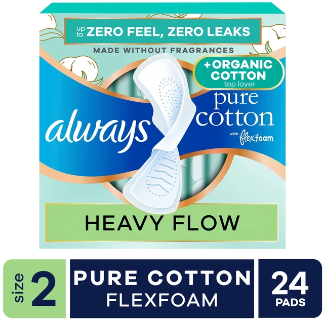 Main image of Always Pure Cotton Pads with Organic Top Layer, Size 2 Pads with Wings, Heavy Absorbency, 24 Count