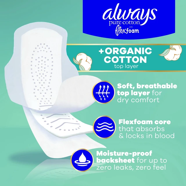 Alt view image 2 of 6 - Always Pure Cotton Pads with Organic Top Layer, Size 2 Pads with Wings, Heavy Absorbency, 24 Count