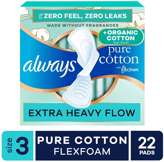 Main image of Always Pure Cotton Size 3 Pads with Wings, Heavy Absorbency, Organic Top Layer, 22 Count