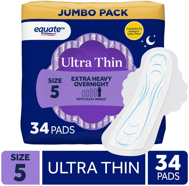 Main image of Equate Ultra Thin Pads with Flexi-Wings, Extra Heavy Overnight Absorbency, Size 5, 34 Count