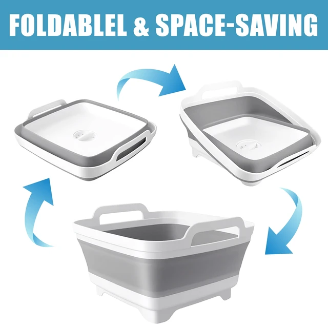 Alt view image 7 of 7 - Collapsible Dish Basin 9L/2.4Gal, Portable Wash Basin with Drain Plug, Space Saving Foldable Bucket, Kitchen Sink for Camping, Vegetable Washing, RV