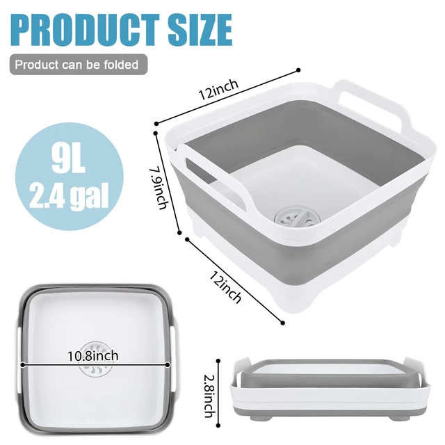 Alt view image 2 of 7 - Collapsible Dish Basin 9L/2.4Gal, Portable Wash Basin with Drain Plug, Space Saving Foldable Bucket, Kitchen Sink for Camping, Vegetable Washing, RV
