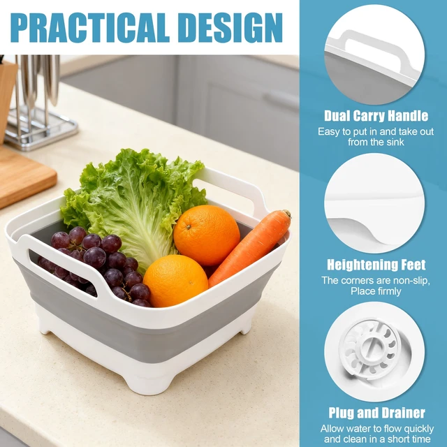 Alt view image 4 of 7 - Collapsible Dish Basin 9L/2.4Gal, Portable Wash Basin with Drain Plug, Space Saving Foldable Bucket, Kitchen Sink for Camping, Vegetable Washing, RV