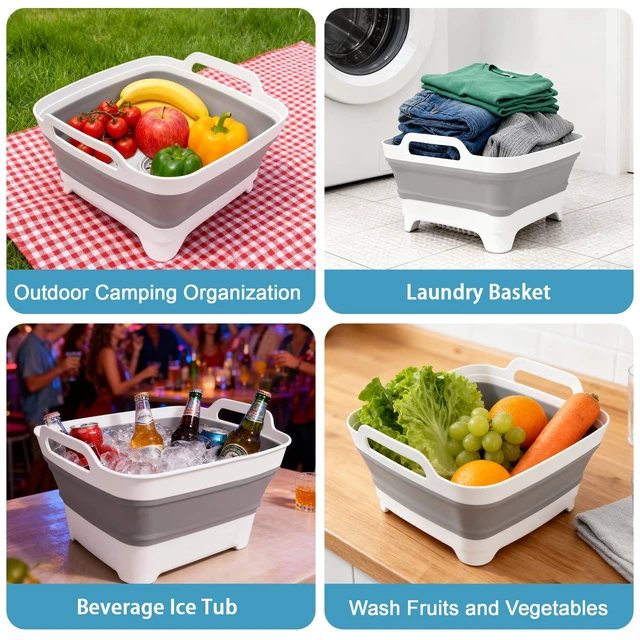 Alt view image 5 of 7 - Collapsible Dish Basin 9L/2.4Gal, Portable Wash Basin with Drain Plug, Space Saving Foldable Bucket, Kitchen Sink for Camping, Vegetable Washing, RV