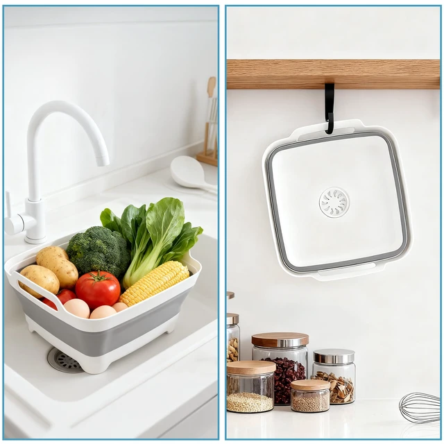 Alt view image 3 of 7 - Collapsible Dish Basin 9L/2.4Gal, Portable Wash Basin with Drain Plug, Space Saving Foldable Bucket, Kitchen Sink for Camping, Vegetable Washing, RV