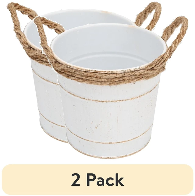 Main image of 2 Pack Hampton Art Rope Metal Bucket with Handles, 4.75in, White