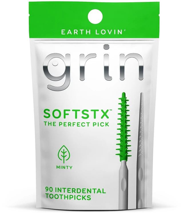 Main image of Grin Softstx Gentle Dental Picks, 90 Count, Soft Flexible Bristles, Textured Plaque Removing Toothpick, Minty Flavor, Refillable Hygienic Case, for Braces Bridges and Imp