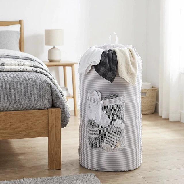 Alt view image 6 of 6 - Mainstays Backpack Laundry Bag with Mesh Pocket, Arctic White & Soft Silver