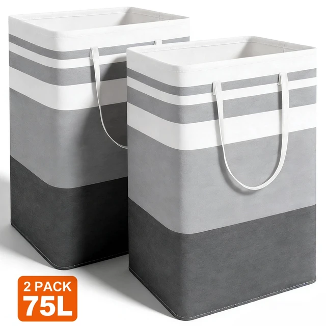 Main image of Cisilov Laundry Baskets 2 Pack, Large Collapsible Freestanding Dirty Clothes Basket with Handles, in Laundry Room, College Dorm, Bathroom, Bedroom, Grey