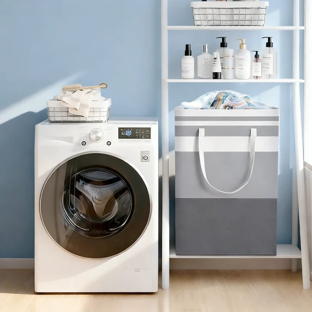 Alt view image 2 of 6 - Cisilov Laundry Baskets 2 Pack, Large Collapsible Freestanding Dirty Clothes Basket with Handles, in Laundry Room, College Dorm, Bathroom, Bedroom, Grey