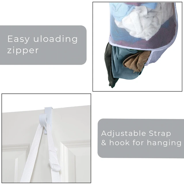 Alt view image 5 of 7 - Smart Design Deluxe Mesh Over The Door Pop Up Hamper, Holds 3 Loads, 17x28 Inch, White, with Hook and Adjustable Strap, VentilAir Mesh