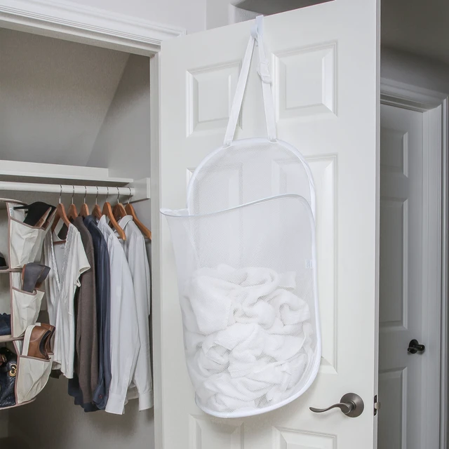 Alt view image 3 of 7 - Smart Design Deluxe Mesh Over The Door Pop Up Hamper, Holds 3 Loads, 17x28 Inch, White, with Hook and Adjustable Strap, VentilAir Mesh