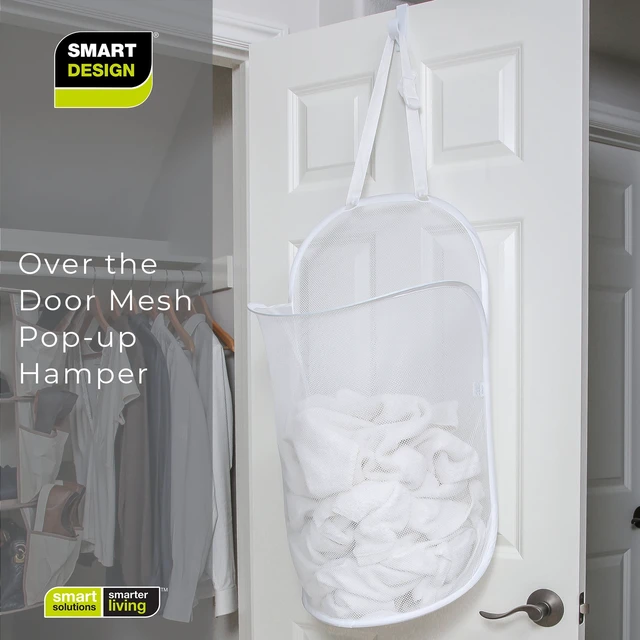 Alt view image 7 of 7 - Smart Design Deluxe Mesh Over The Door Pop Up Hamper, Holds 3 Loads, 17x28 Inch, White, with Hook and Adjustable Strap, VentilAir Mesh