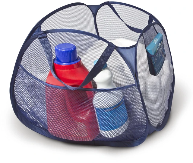 Main image of Smart Design Deluxe Mesh Pop Up Square Laundry Basket Hamper with Side Pockets and Handles, Holds 2 Loads, 17 x 14 Inches, Blue