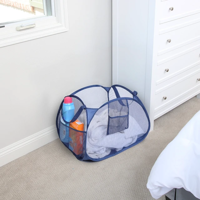 Alt view image 5 of 7 - Smart Design Deluxe Mesh Pop Up Square Laundry Basket Hamper with Side Pockets and Handles, Holds 2 Loads, 17 x 14 Inches, Blue
