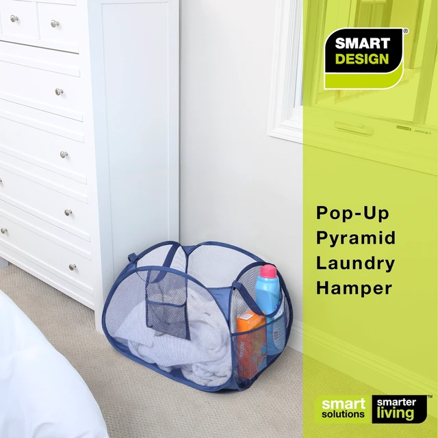 Alt view image 2 of 7 - Smart Design Deluxe Mesh Pop Up Square Laundry Basket Hamper with Side Pockets and Handles, Holds 2 Loads, 17 x 14 Inches, Blue