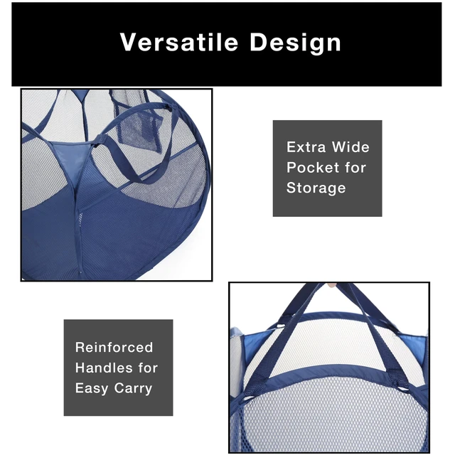 Alt view image 6 of 7 - Smart Design Deluxe Mesh Pop Up Square Laundry Basket Hamper with Side Pockets and Handles, Holds 2 Loads, 17 x 14 Inches, Blue