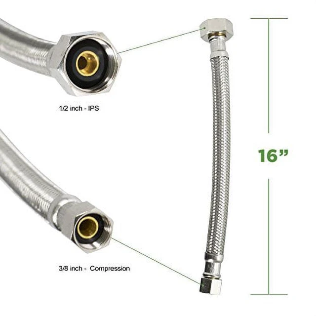 Alt view image 3 of 3 - Highcraft 27116-NL Lead Free Stainless Steel Braided Faucet Supply Line, 1/2" IPS x 3/8" Compression Fitting, 16"