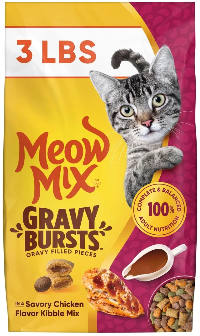 Main image of Meow Mix Gravy Bursts Savory Chicken Flavor Dry Cat Food, 3 lb. Bag