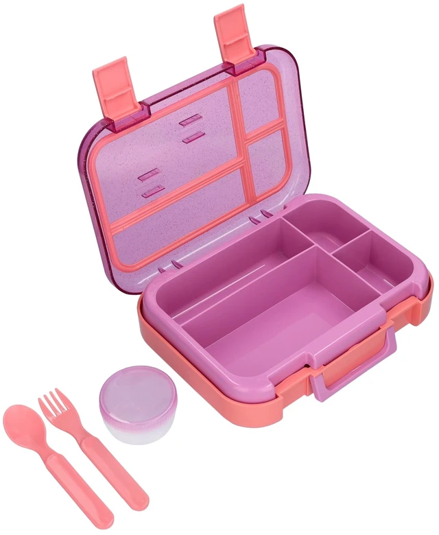 Main image of Mainstays Kids 4-Compartment Plastic Bento Box with Removable Tray, Fork, Spoon and Dressing Container, Pink Glitter