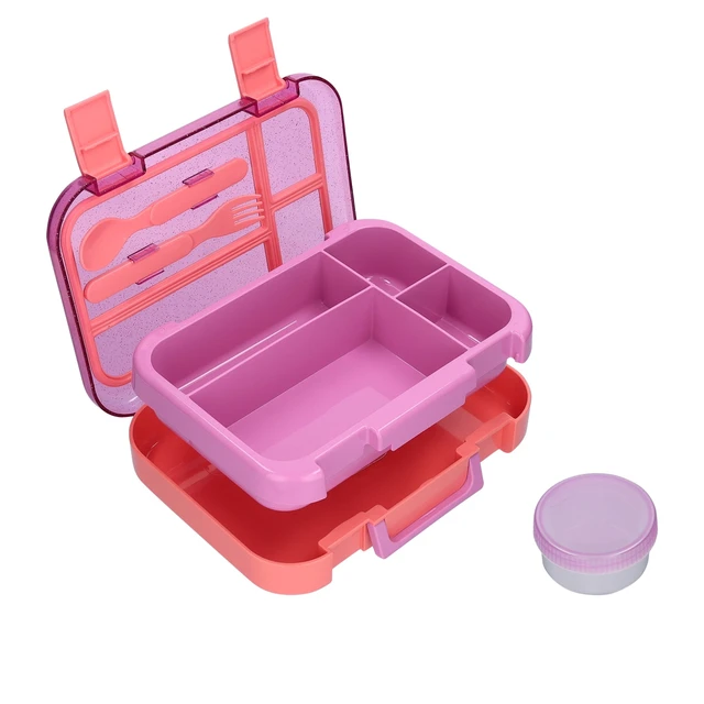 Alt view image 2 of 6 - Mainstays Kids 4-Compartment Plastic Bento Box with Removable Tray, Fork, Spoon and Dressing Container, Pink Glitter