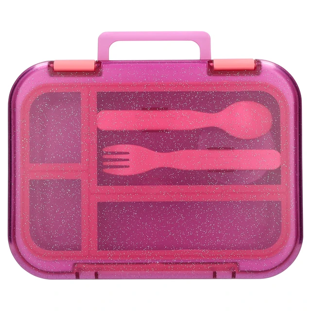 Alt view image 3 of 6 - Mainstays Kids 4-Compartment Plastic Bento Box with Removable Tray, Fork, Spoon and Dressing Container, Pink Glitter