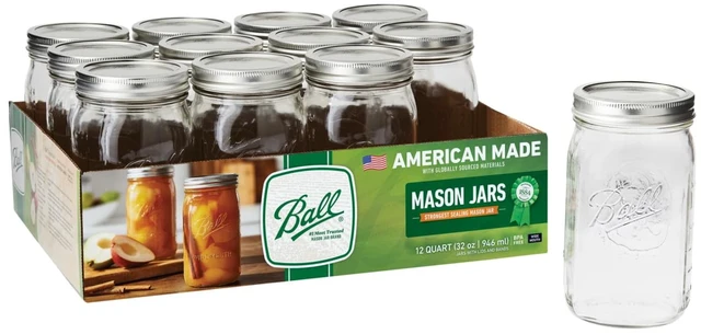 Main image of Ball Wide Mouth Quart 32oz Glass Mason Jars with Lids and Bands, 12 Count