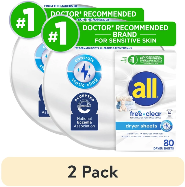 Main image of All Free Clear Fabric Softening Dryer Sheets for Sensitive Skin, Controls Static, 80 Count (2 Pack)