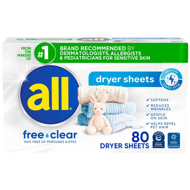 Alt view image 3 of 5 - All Free Clear Fabric Softening Dryer Sheets for Sensitive Skin, Controls Static, 80 Count (2 Pack)