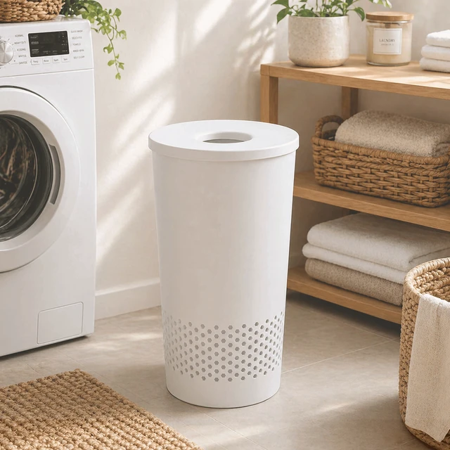 Alt view image 4 of 6 - Mainstays Round Lidded Hamper, White, Adult