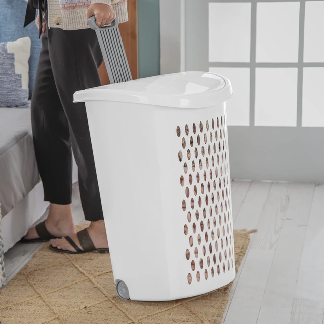 Alt view image 3 of 6 - Sterilite Ultra Wheeled Plastic Laundry Hamper with Handle and Wheels, White