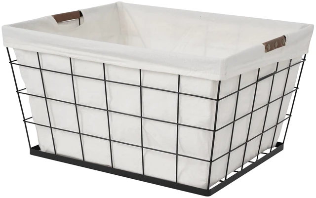 Main image of Better Homes & Gardens 60L Rectangular Steel Wire Laundry Basket with Removable Cotton-Blend Liner, Black & Natural