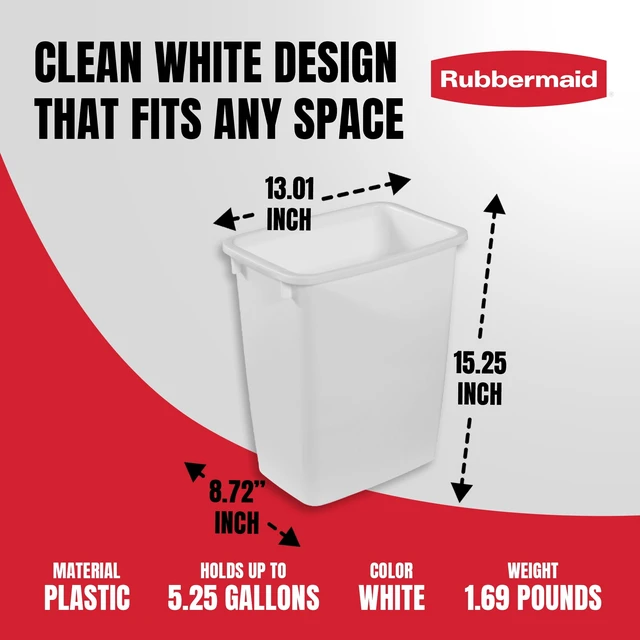 Alt view image 5 of 6 - Rubbermaid 5.25Gallon Plastic Bathroom Trash Can, Open Top No Lid, White