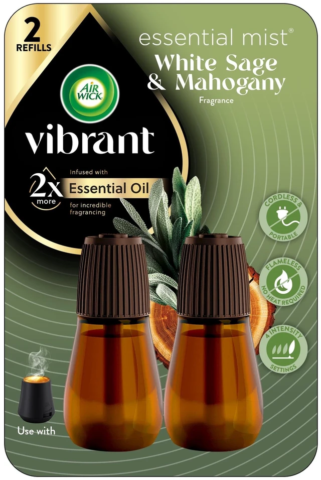Main image of Air Wick Essential Mist Vibrant Scented Oil Cordless Diffuser Refills, White Sage & Mahogany, 2 Count