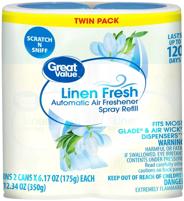 Main image of Great Value 12.34fl oz 2 Count Automatic Air Freshener Spray Refill Linen Fresh
