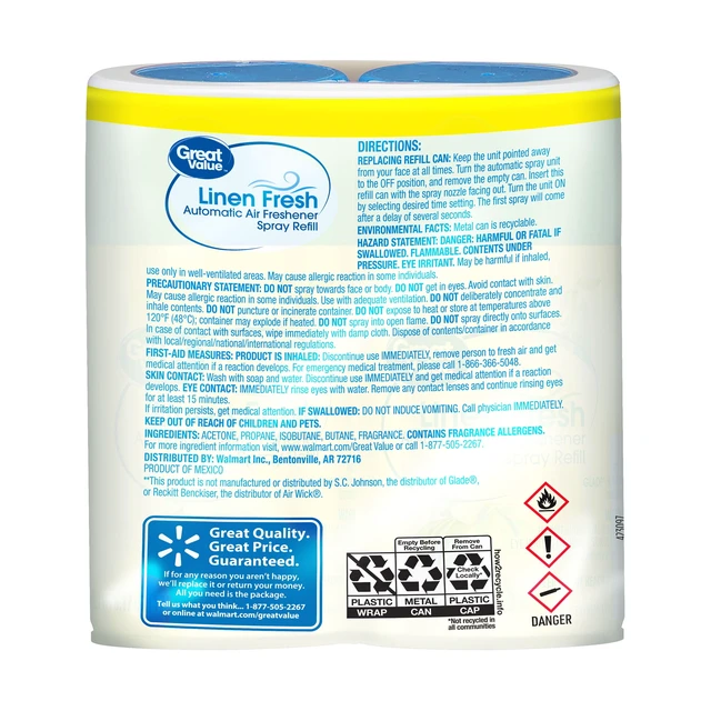 Alt view image 3 of 6 - Great Value 12.34fl oz 2 Count Automatic Air Freshener Spray Refill Linen Fresh