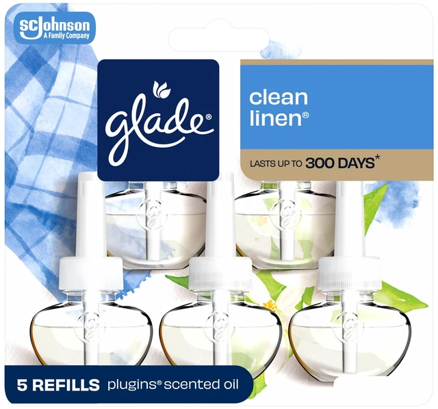 Main image of Glade PlugIns Scented Oil 5 Refills Clean Linen Air Freshener 3.35FL OZ Essential Oil Infused Wall Plug In