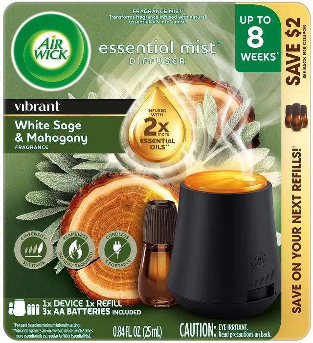 Main image of Air Wick Essential Mist Vibrant Scented Oil Cordless Diffuser Starter Kit, White Sage & Mahogany, 2 Piece