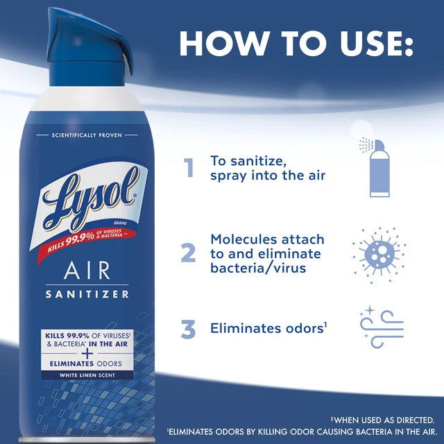 Alt view image 2 of 6 - Lysol Air Sanitizer Spray Bacterial Odor Elimination Air Freshener Alternative White Linen Scent 10oz