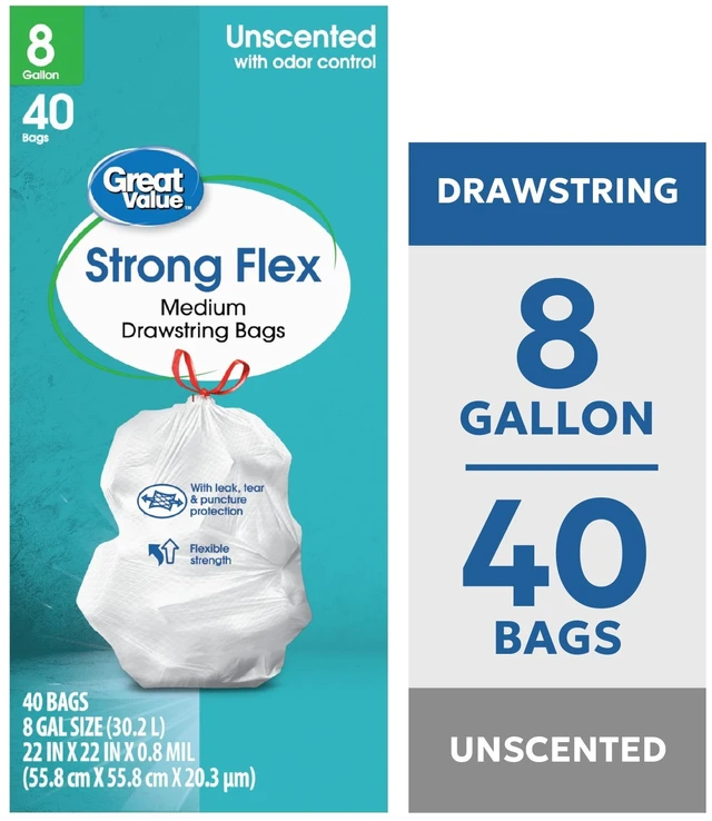 Main image of Great Value Strong Flex Medium Drawstring Garbage Bags 8gal 40Count