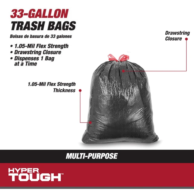 Alt view image 6 of 6 - Hyper Tough 33-Gallon Drawstring Contractor Bags, Multipurpose Clean-Up, 1.05 MIL, 30 Count