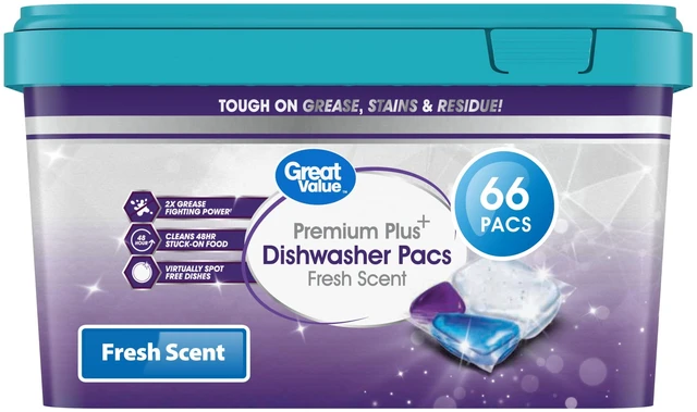 Main image of Great Value Premium Plus Dishwasher Pacs, Fresh Scent, 66 Count