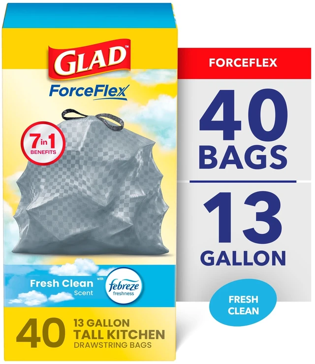 Main image of Glad ForceFlex 13-Gallon Drawstring Tall Kitchen Trash Bags, Febreze Fresh Clean Scent, 40 Bags